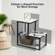 L-shaped 3-tier side table in white with black steel frame, perfect for storage and display in any room.
